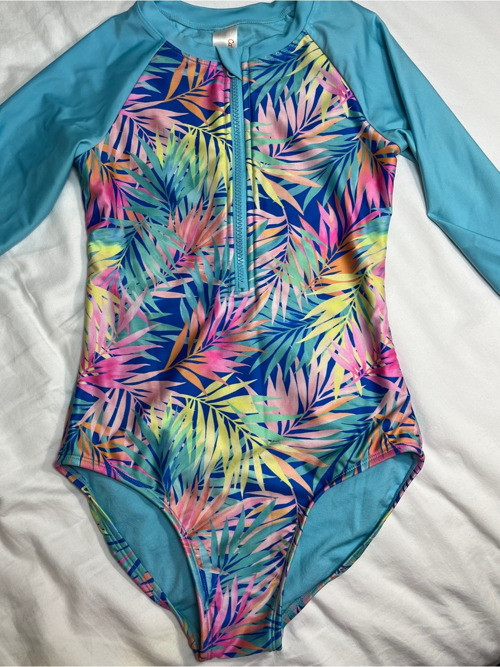 Cat & Jack Tropical Palm Print One Piece Rash Guard Swimsuit Blue Girls L 10/12 - Picture 8 of 8